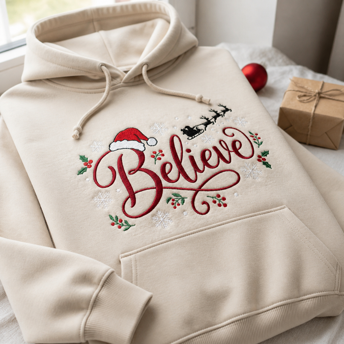 Christmas Believe Santa Hat Reindeer Sleigh Holly Snowflakes Embroidered Hoodie