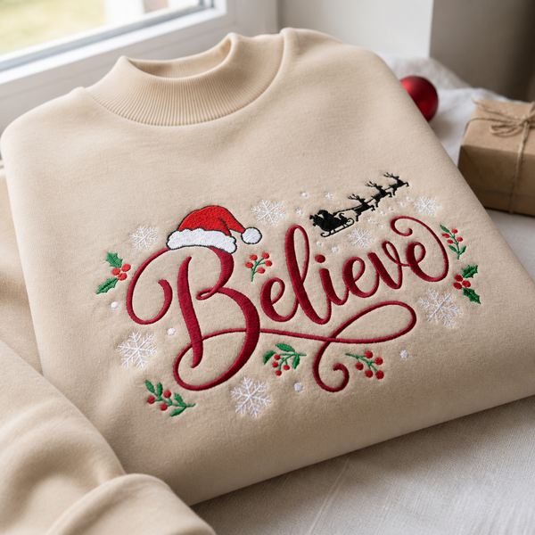 Christmas Believe Santa Hat Reindeer Sleigh Holly Snowflakes Embroidered Mock Neck Sweatshirt
