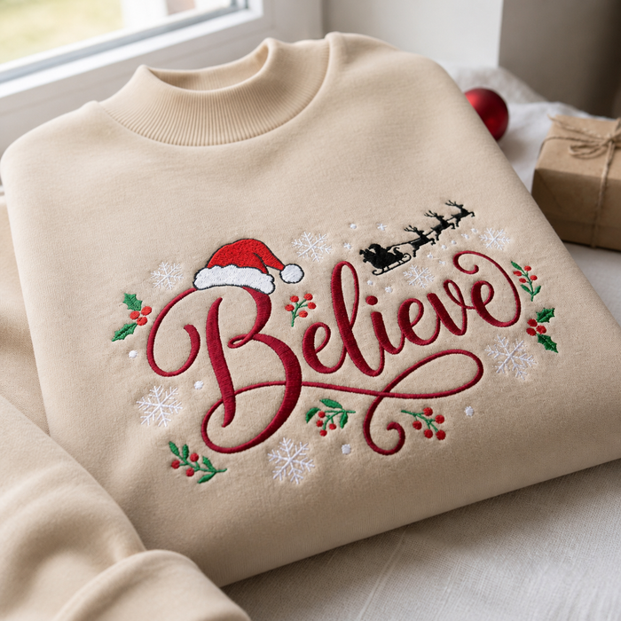 Christmas Believe Santa Hat Reindeer Sleigh Holly Snowflakes Embroidered Mock Neck Sweatshirt