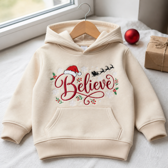 Christmas Believe Santa Hat Reindeer Sleigh Holly Snowflakes Embroidered Youth Hoodie