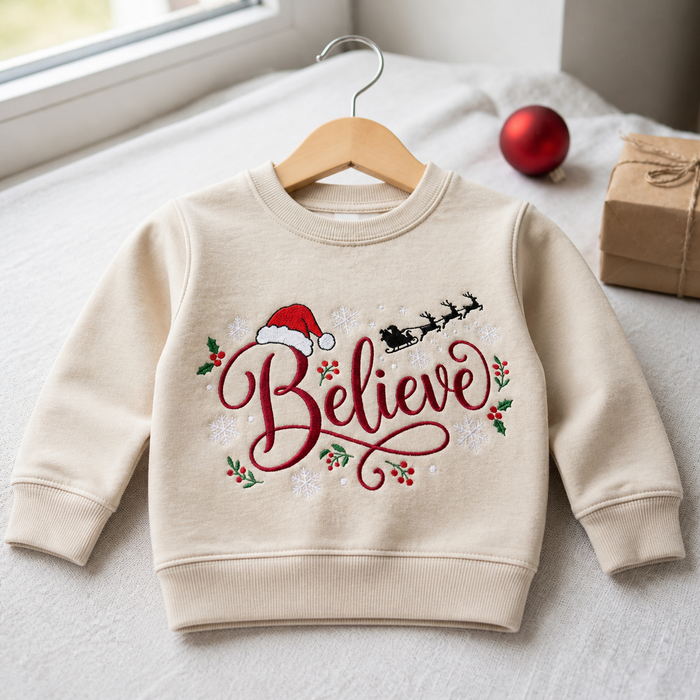 Christmas Believe Santa Hat Reindeer Sleigh Holly Snowflakes Embroidered Youth Sweatshirt