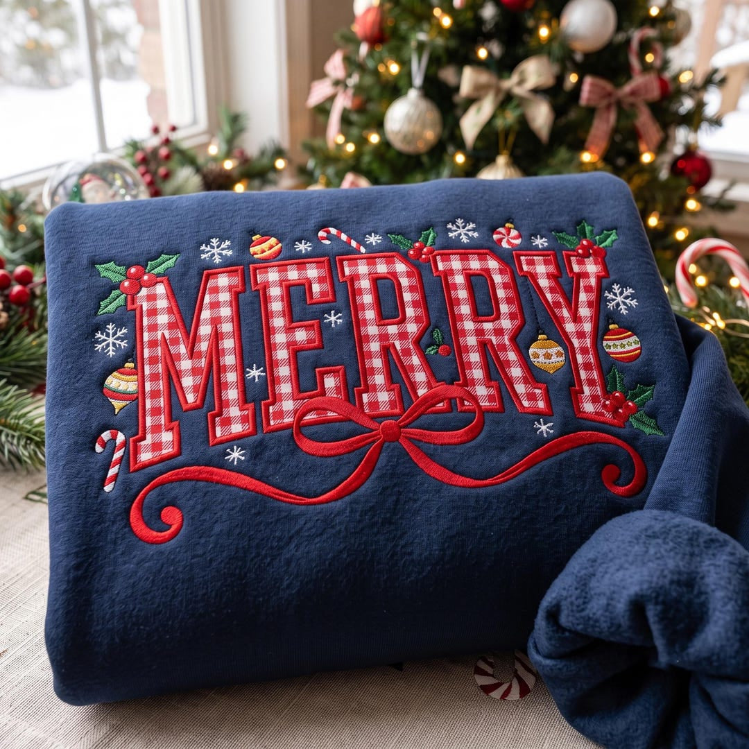 Merry Christmas Plaid Applique Coquette Bow Holly Ornaments Candy Cane embroidered sweatshirt — front view