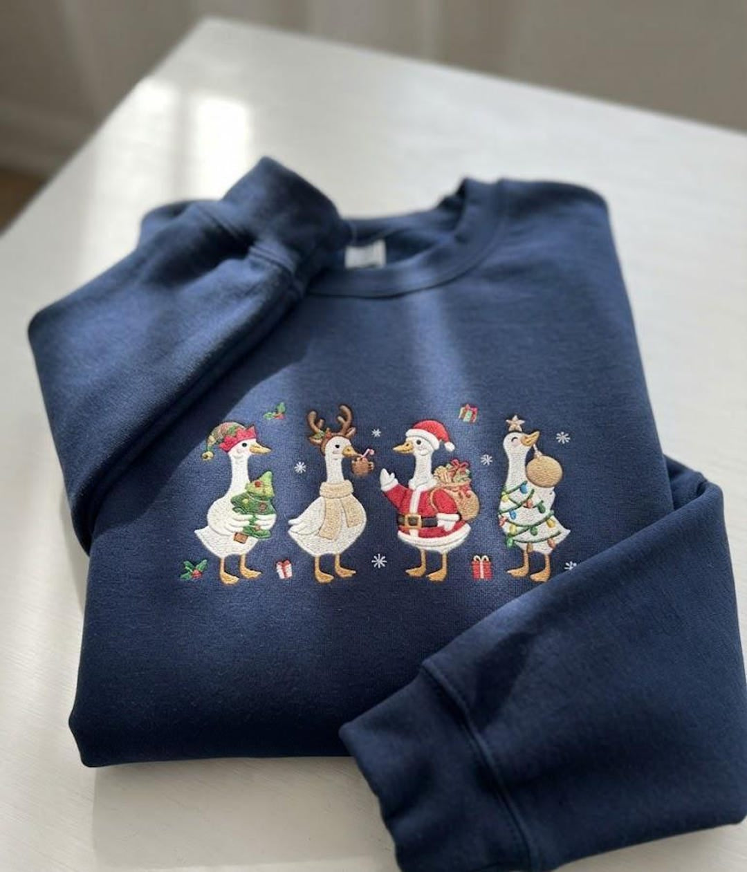 Christmas Geese Santa Reindeer Holiday Festive embroidered sweatshirt — front view