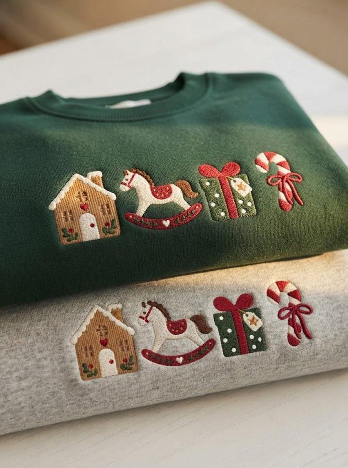 Christmas Gingerbread House Rocking Horse Gift Candy Cane Holiday Embroidered Sweatshirt