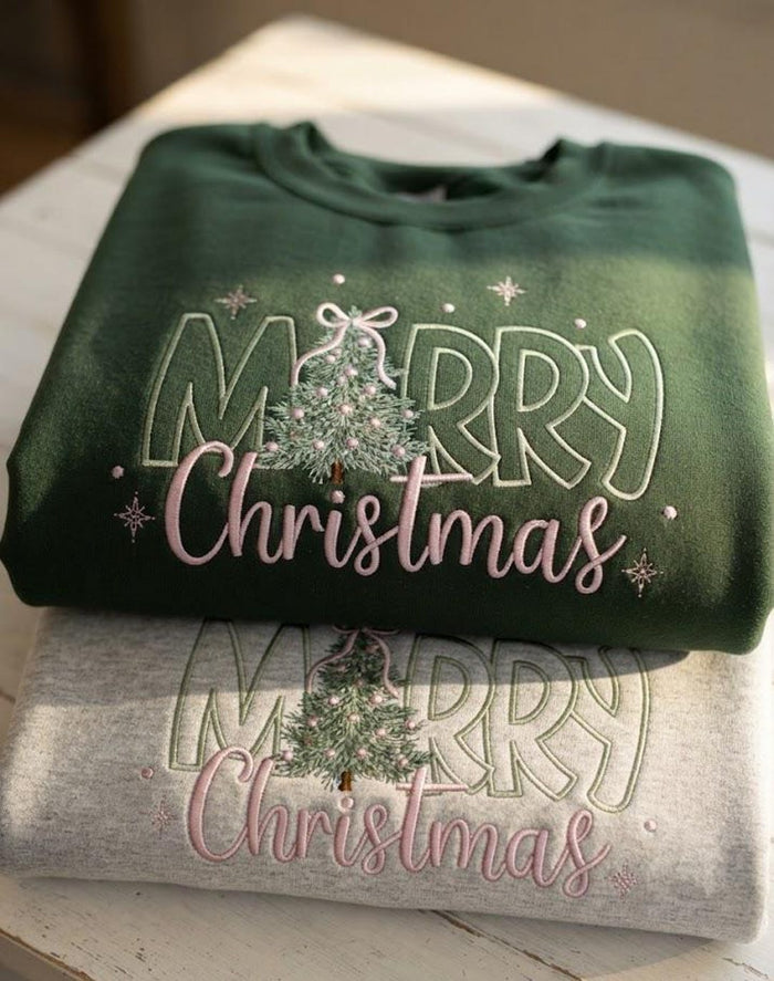 Merry Christmas Pink Coquette Bow Christmas Tree Snowflakes Embroidered Hoodie