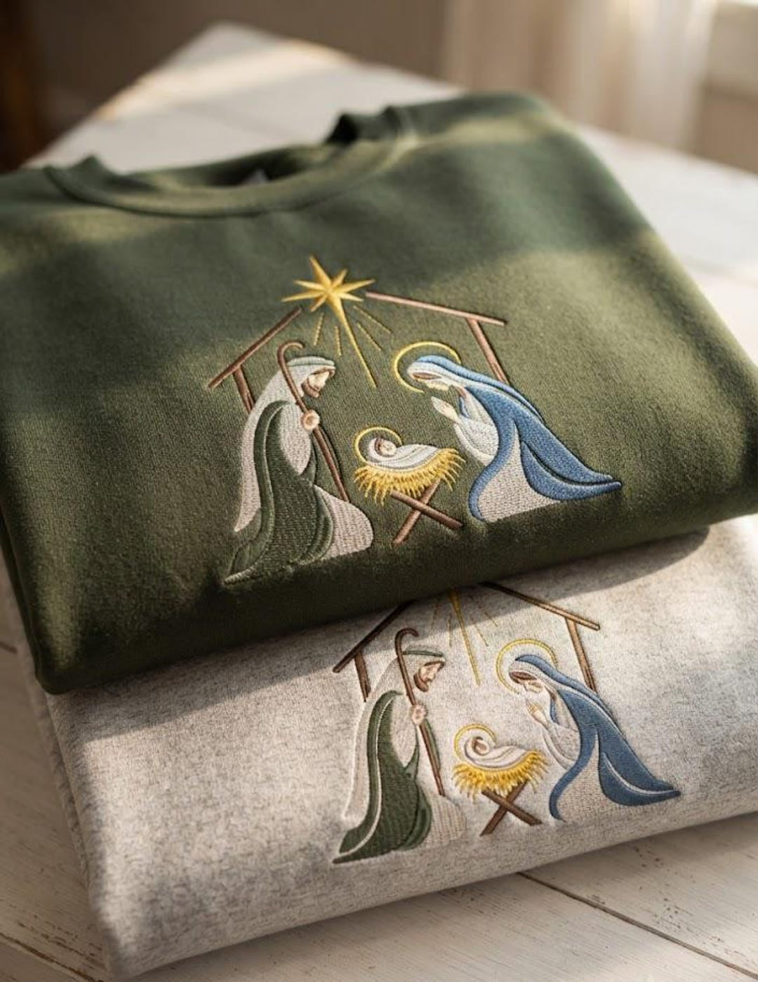 Nativity Scene Holy Family Christmas Religious Faith embroidered sweatshirt — front view