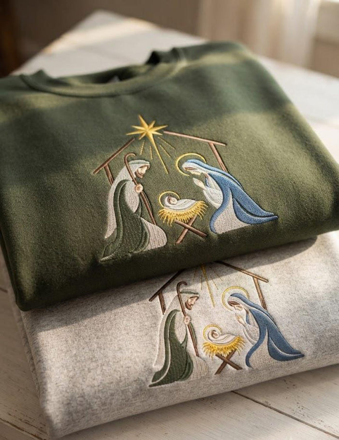 Nativity Scene Holy Family Christmas Religious Faith Embroidered Sweatshirt
