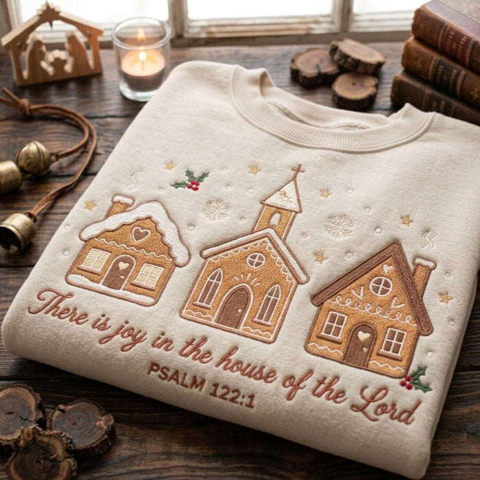 Christmas Gingerbread Village Church There Is Joy in the House of the Lord Psalm 122:1 Embroidered Sweatshirt