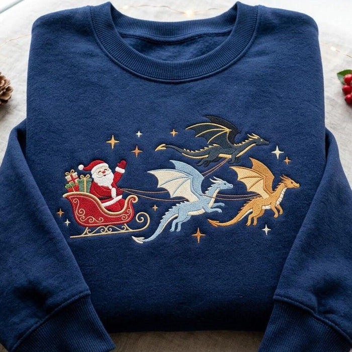 Santa Sleigh Three Dragons Fantasy Christmas Embroidered Sweatshirt