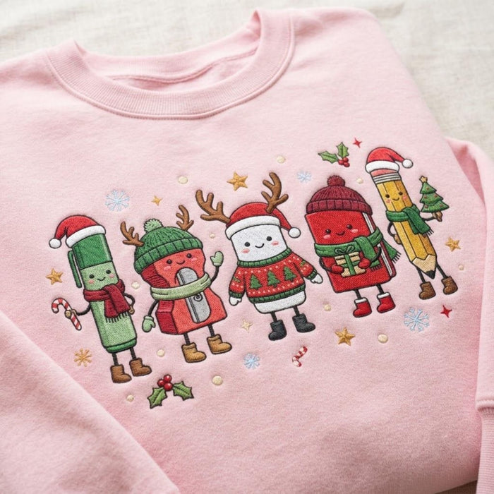 Christmas School Supplies Cute Pencil Crayon Eraser Festive Teacher Holiday Embroidered Sweatshirt