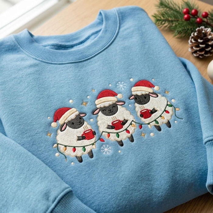 Christmas Three Sheep Santa Hat Hot Cocoa String Lights Snowflakes Embroidered Sweatshirt