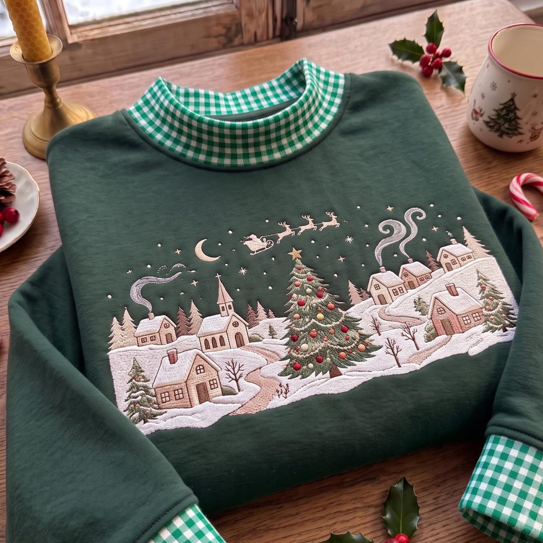 Christmas Village Santa Sleigh Reindeer Snowy Winter Wonderland embroidered sweatshirt — front view