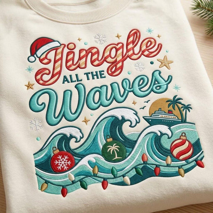 Jingle All the Waves Coastal Christmas Beach Ocean Wave Santa Hat Ornament Embroidered Sweatshirt