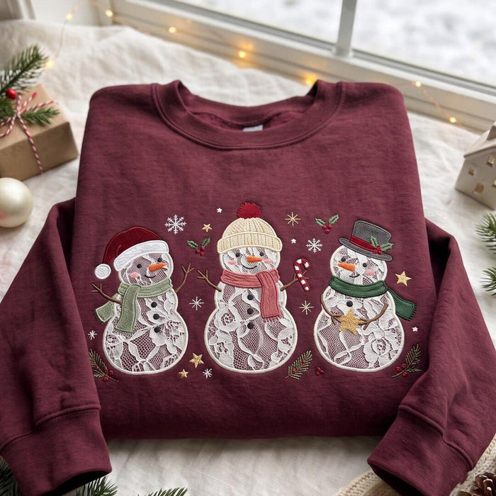 Three Lace Snowmen Christmas Vintage Winter Holiday Embroidered Sweatshirt