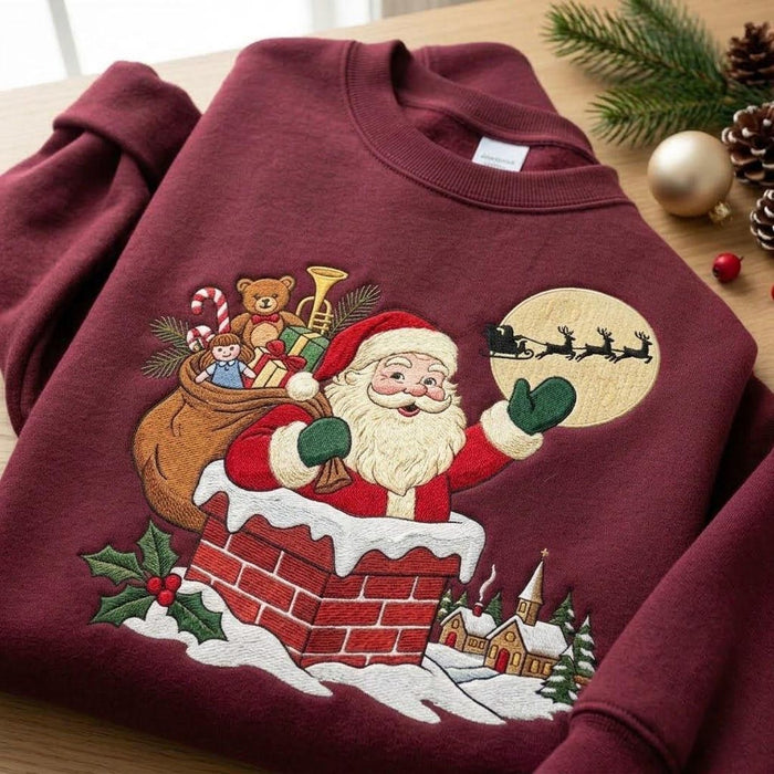 Santa Claus Chimney Reindeer Sleigh Moon Vintage Christmas Embroidered Sweatshirt