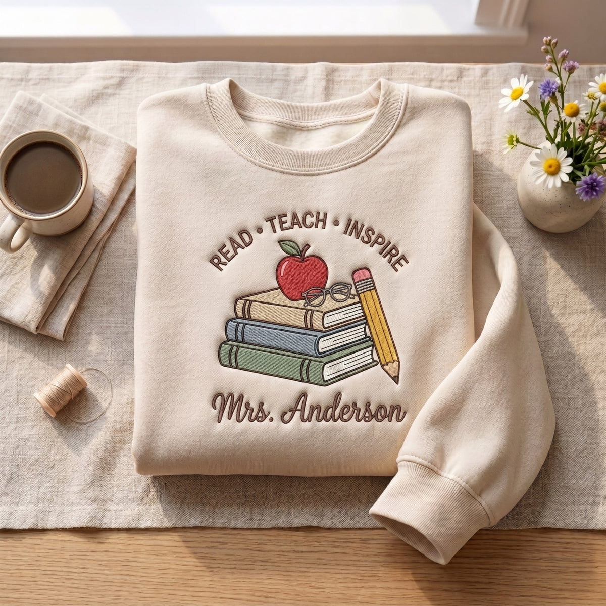 Personalized Teacher Read Teach Inspire Books Apple Pencil embroidered sweatshirt — front view