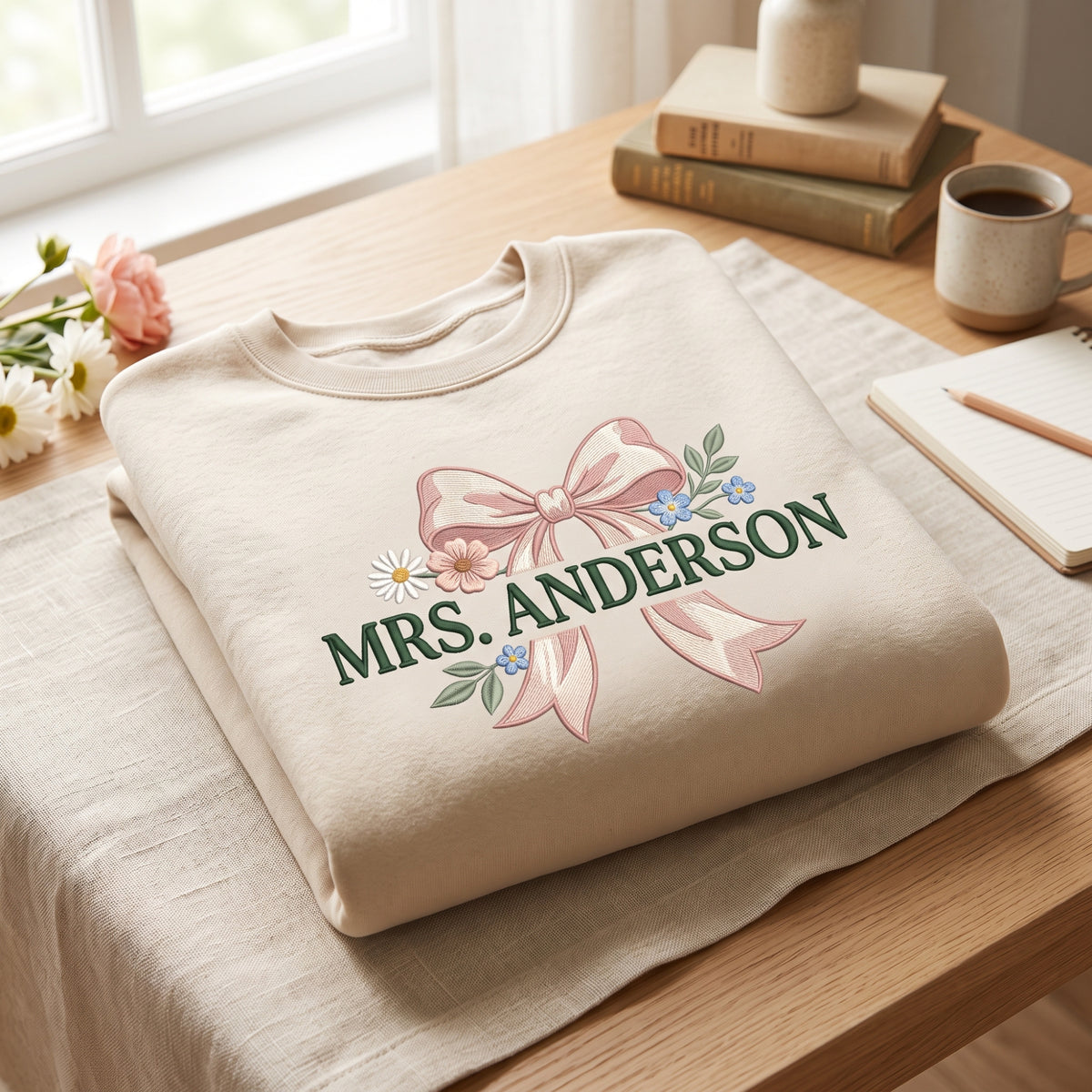 Personalized Mrs Teacher Coquette Bow Wildflowers embroidered sweatshirt — front view