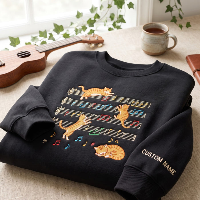 Personalized Cats Playing on Music Sheet Notes Colorful Embroidered Sweatshirt