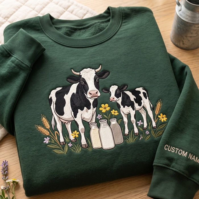 Personalized Holstein Cow Calf Milk Bottles Wildflowers Farm Embroidered Sweatshirt