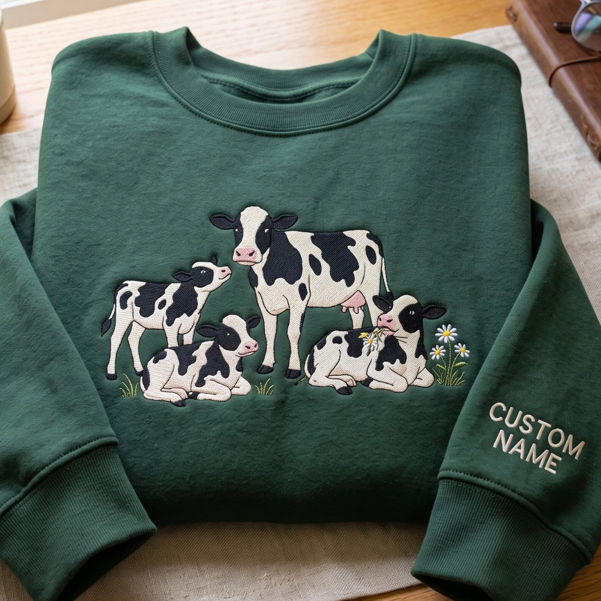 Personalized Cow Mom and Calves Daisy Flowers Custom Name Sleeve embroidered sweatshirt — front view