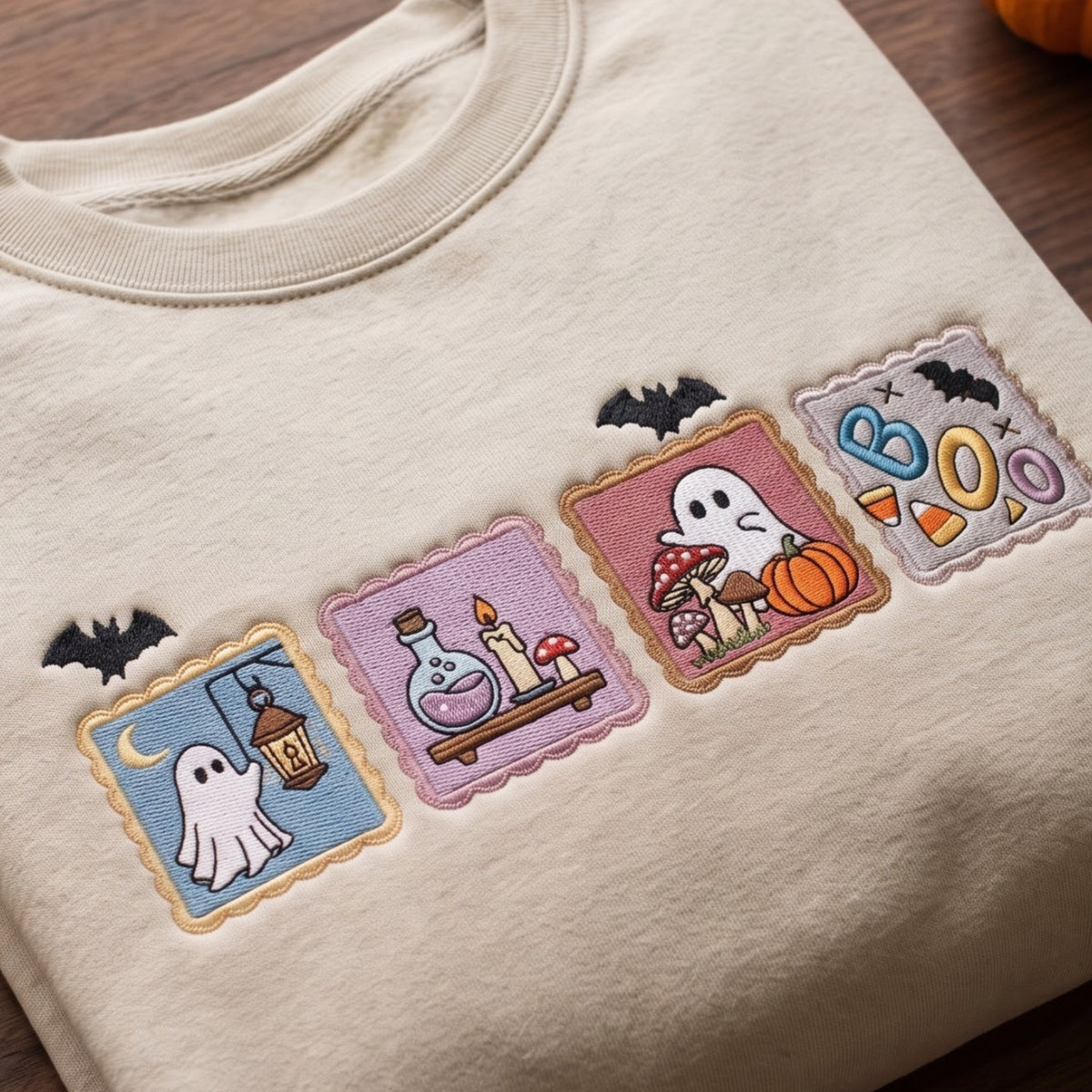 Halloween Stamp Ghost Bat Mushroom Pumpkin Potion Boo embroidered sweatshirt — front view
