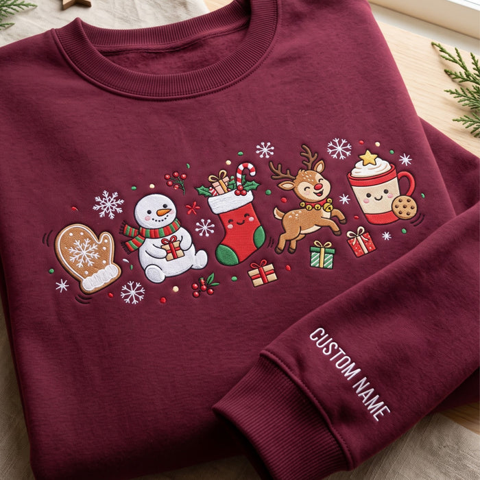 Personalized Christmas Cute Snowman Reindeer Stocking Cocoa Sleeve Name Embroidered Sweatshirt