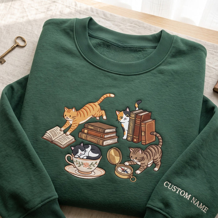 Personalized Cats Reading Books Tea Cup Compass Cozy Bookish Embroidered Sweatshirt