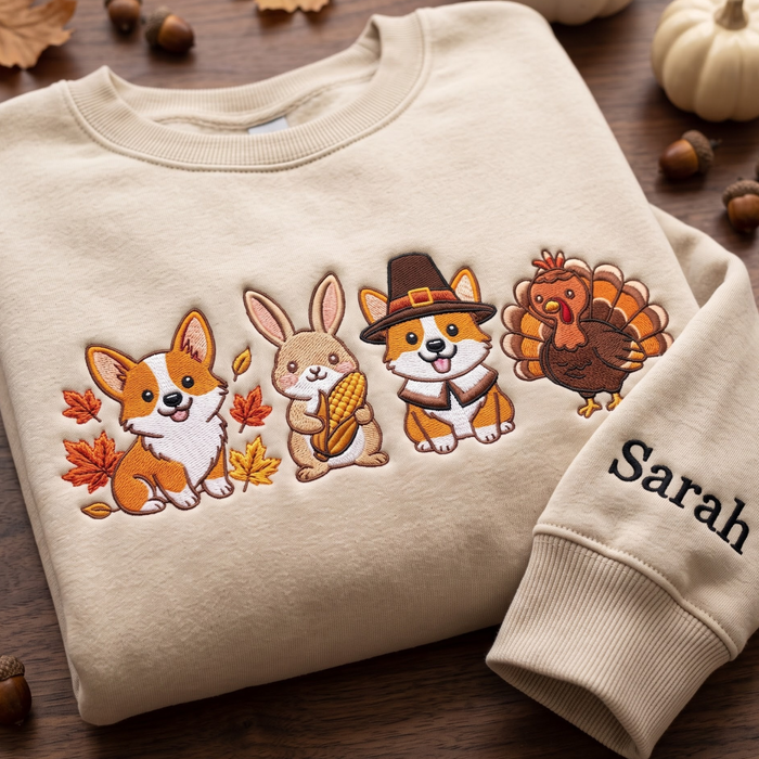 Personalized Thanksgiving Corgi Bunny Turkey Pilgrim Hat Fall Leaves Embroidered Sweatshirt