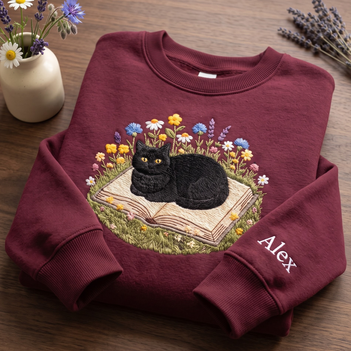Personalized Black Cat Reading Book Wildflower Garden Sleeve Name Embroidered Sweatshirt