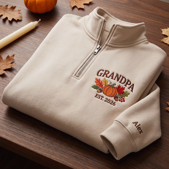 Personalized Grandpa EST Year Fall Pumpkin Autumn Leaves Acorn Kids Names Cuff Embroidered Quarter-Zip