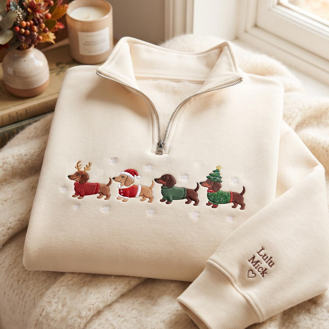 Personalized Christmas Dachshund Quartet Santa Reindeer Tree Snowflakes embroidered sweatshirt — front view