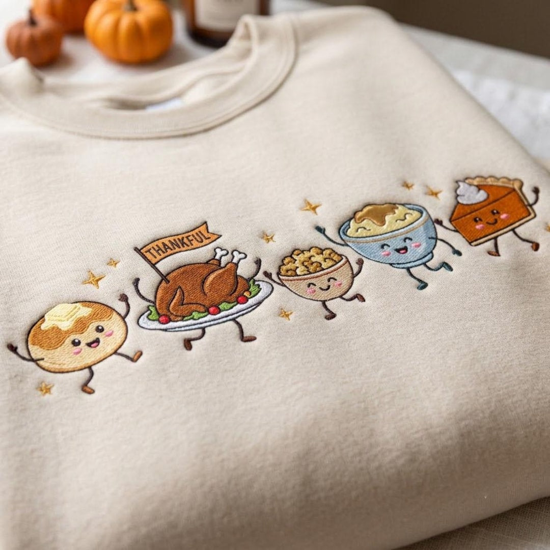 Thanksgiving Dancing Food Turkey Pie Mashed Potato Roll Thankful embroidered sweatshirt — front view