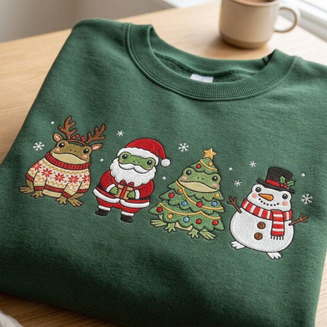 Christmas Frog Santa Reindeer Snowman Holiday Four Frogs embroidered sweatshirt — front view