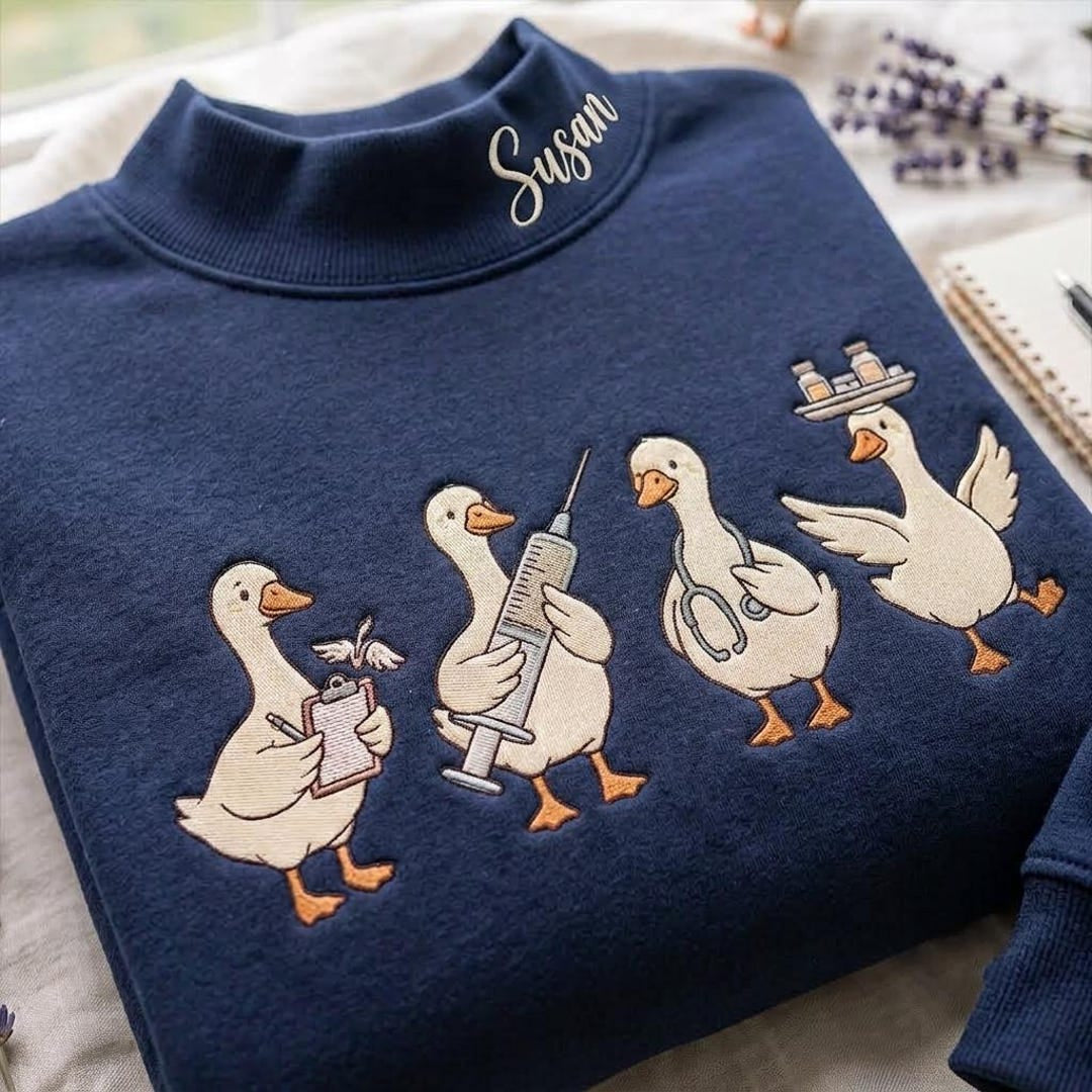 Personalized Nurse Goose Four Geese Medical Tools Custom Name Collar embroidered sweatshirt — front view