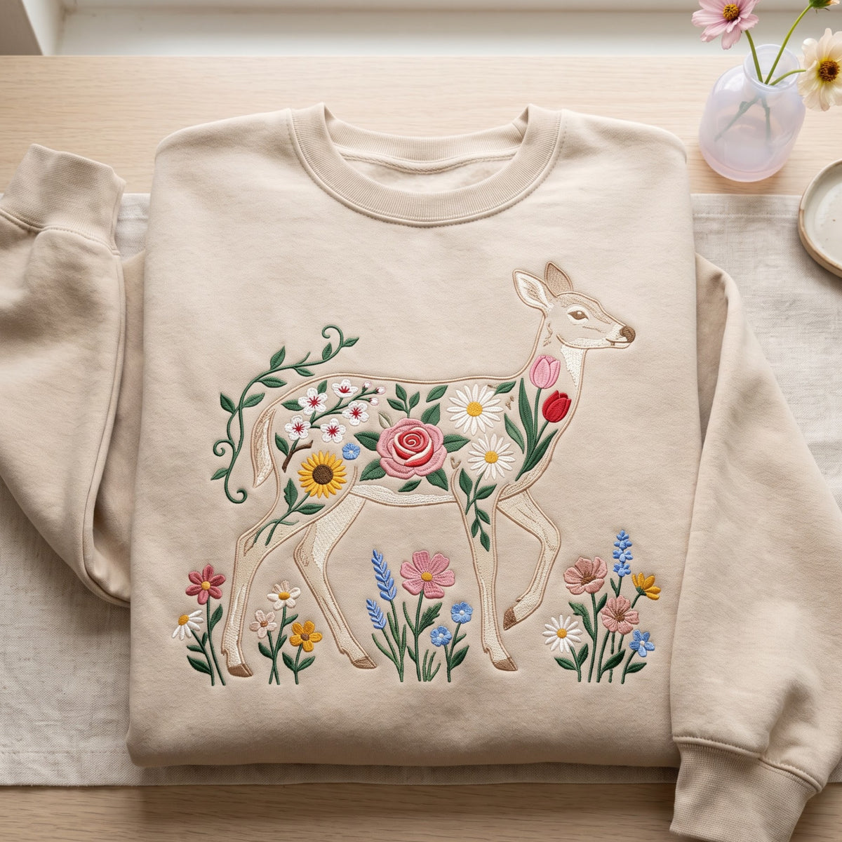 Floral Deer Wildflower Garden Spring Nature embroidered sweatshirt — front view