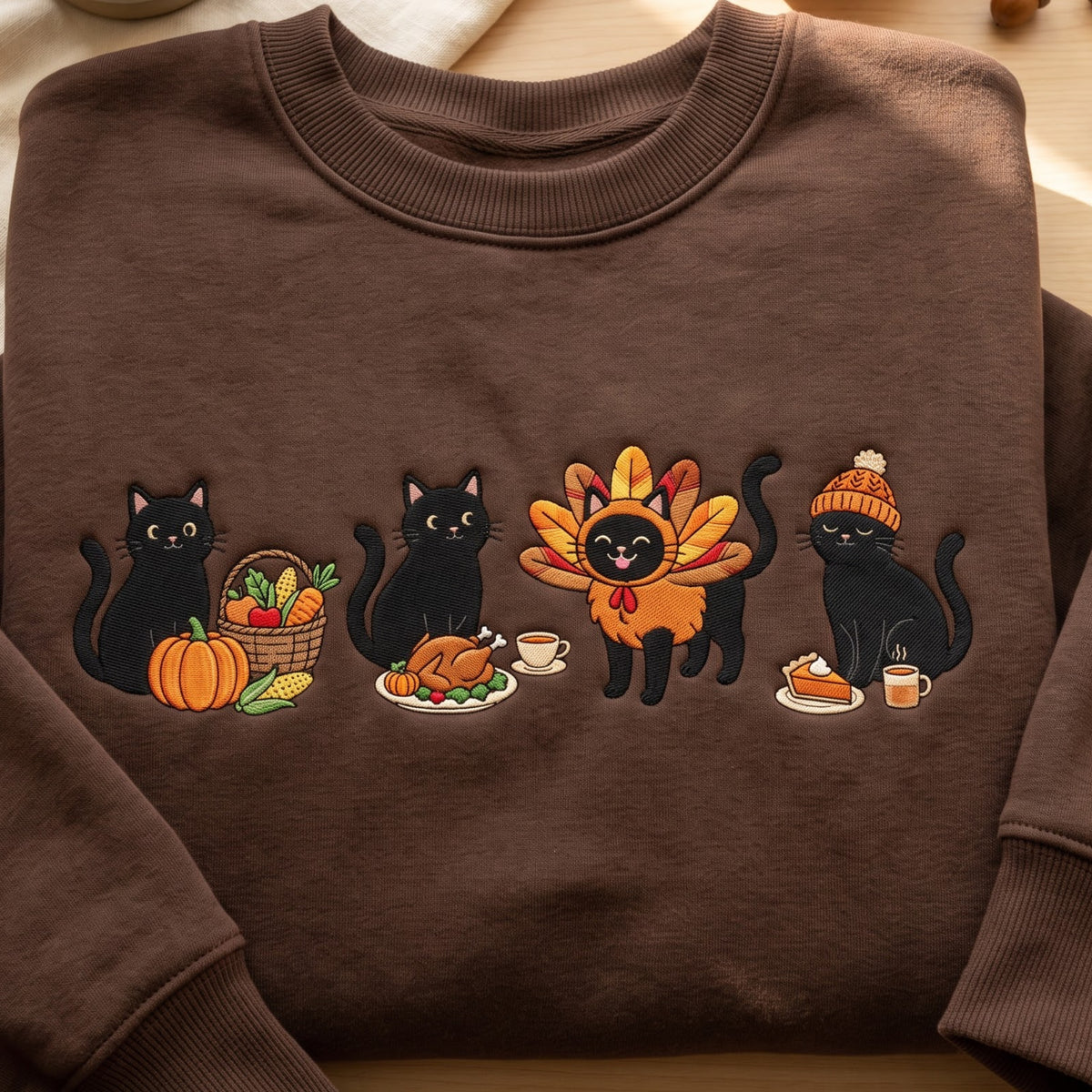 Thanksgiving Black Cats Turkey Costume Harvest Feast Pumpkin Pie embroidered sweatshirt — front view