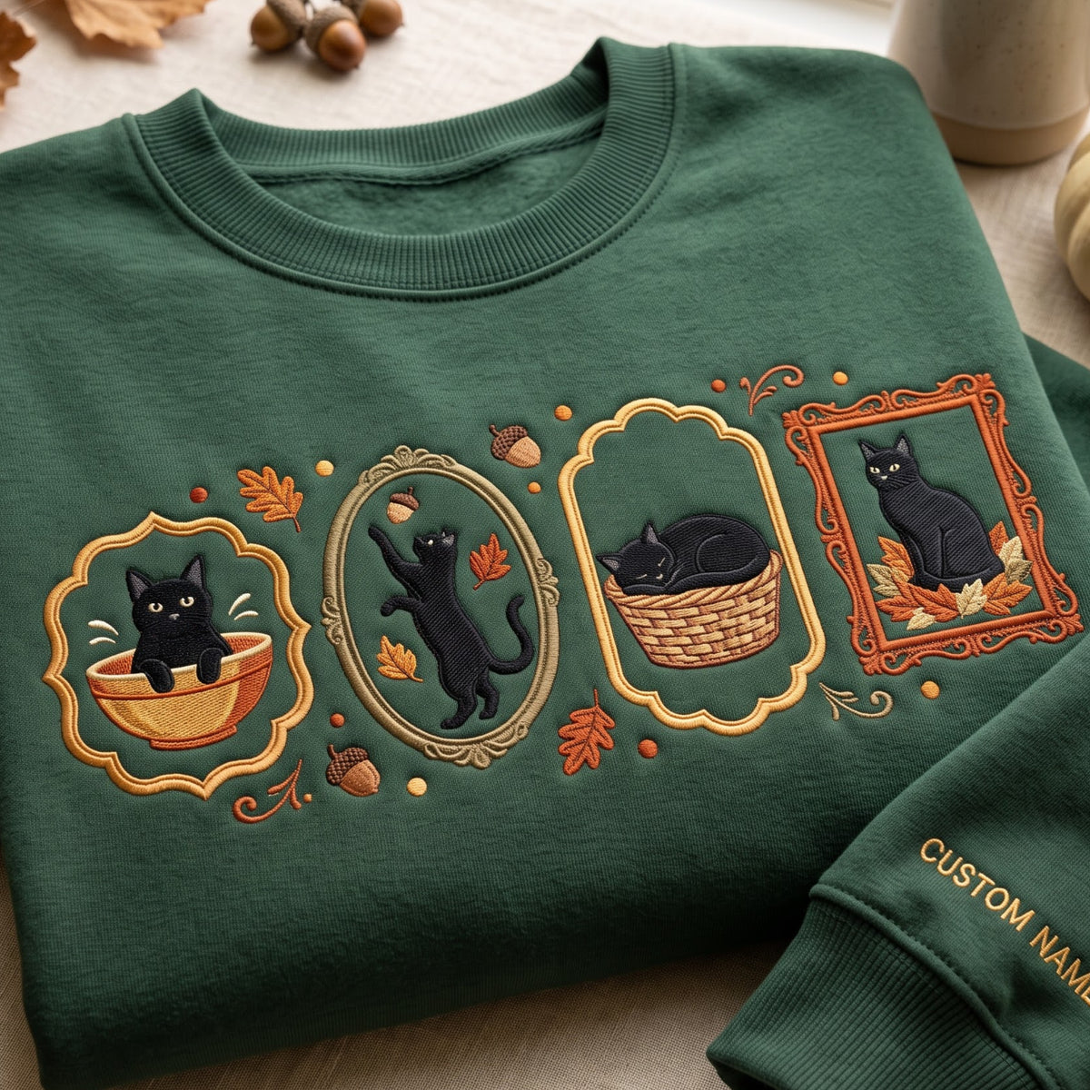 Personalized Autumn Black Cat Framed Portraits Basket Bowl Leaves Acorns embroidered sweatshirt — front view