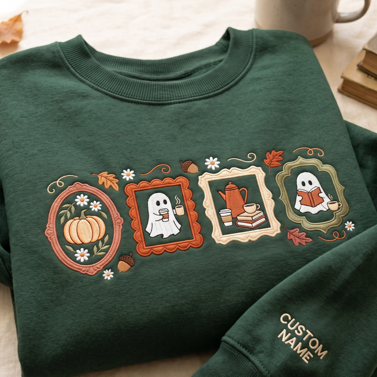Personalized Halloween Ghost Coffee Books Pumpkin Framed Autumn embroidered sweatshirt — front view