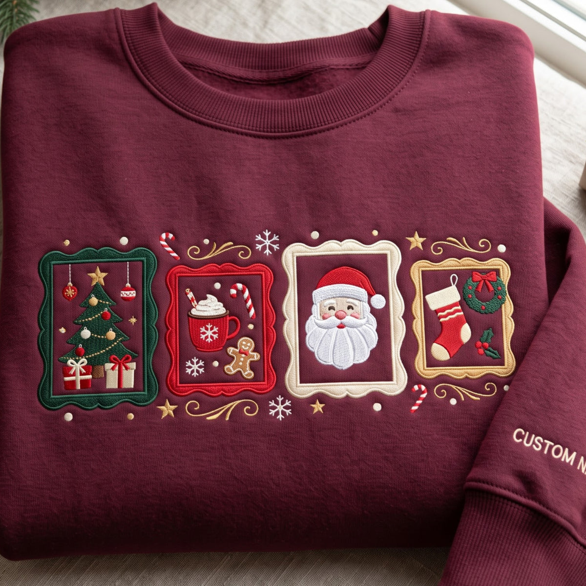 Personalized Christmas Santa Cocoa Gingerbread Stocking Tree Four Frames embroidered sweatshirt — front view