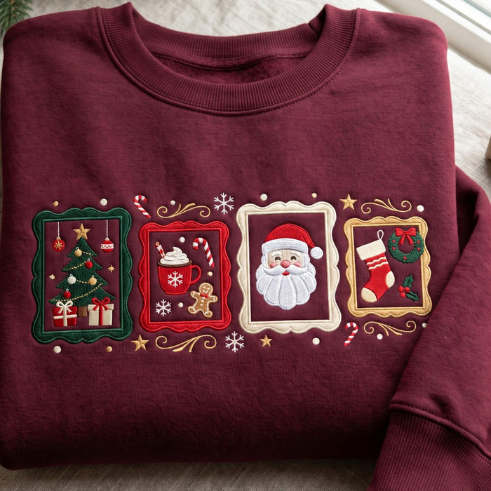 Personalized Christmas Santa Cocoa Gingerbread Stocking Tree Four Frames Embroidered Sweatshirt