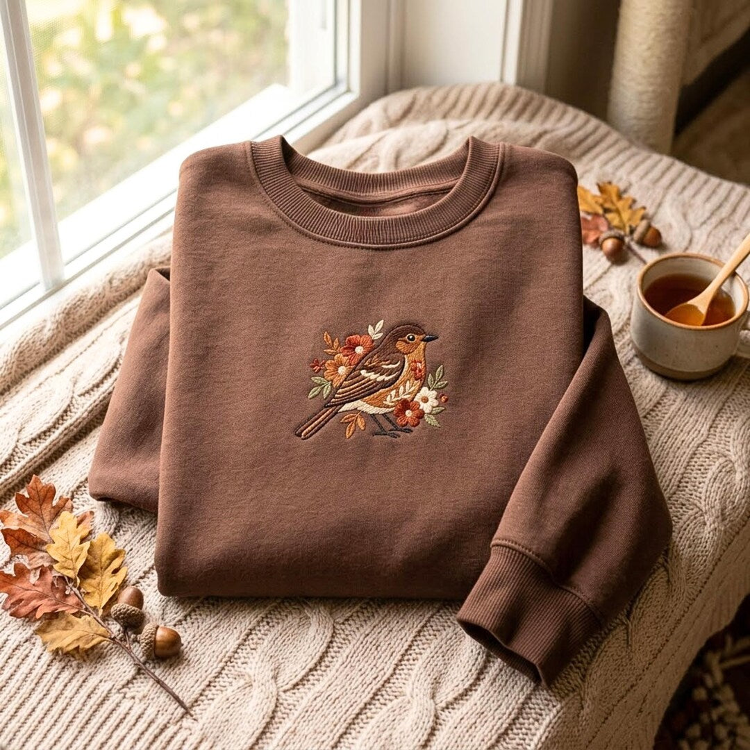 Cottagecore Robin Bird Wildflowers Folk Art Botanical embroidered sweatshirt — front view