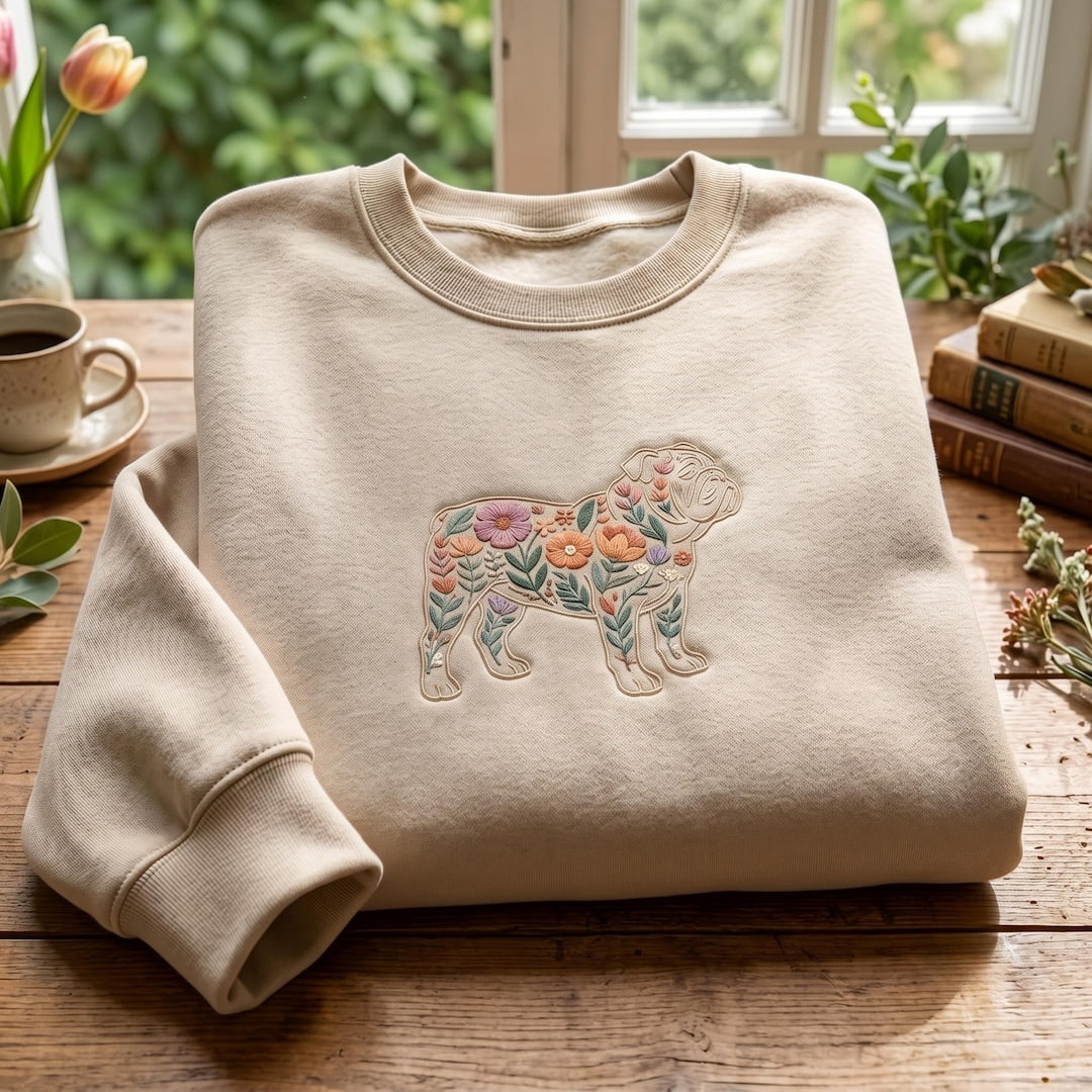 Floral English Bulldog Wildflower Botanical Silhouette embroidered sweatshirt — front view