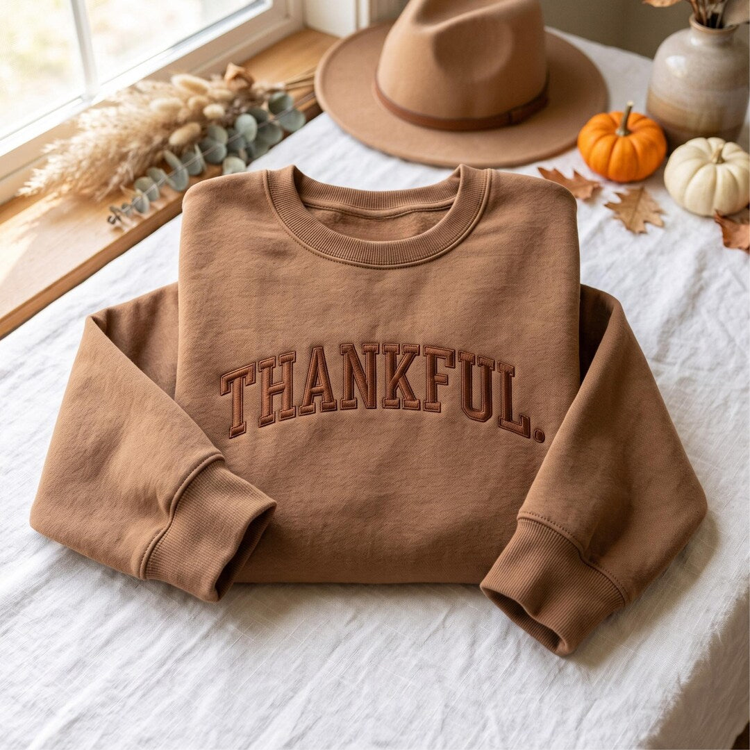 Thankful Arched Varsity Letter Fall Thanksgiving embroidered sweatshirt — front view