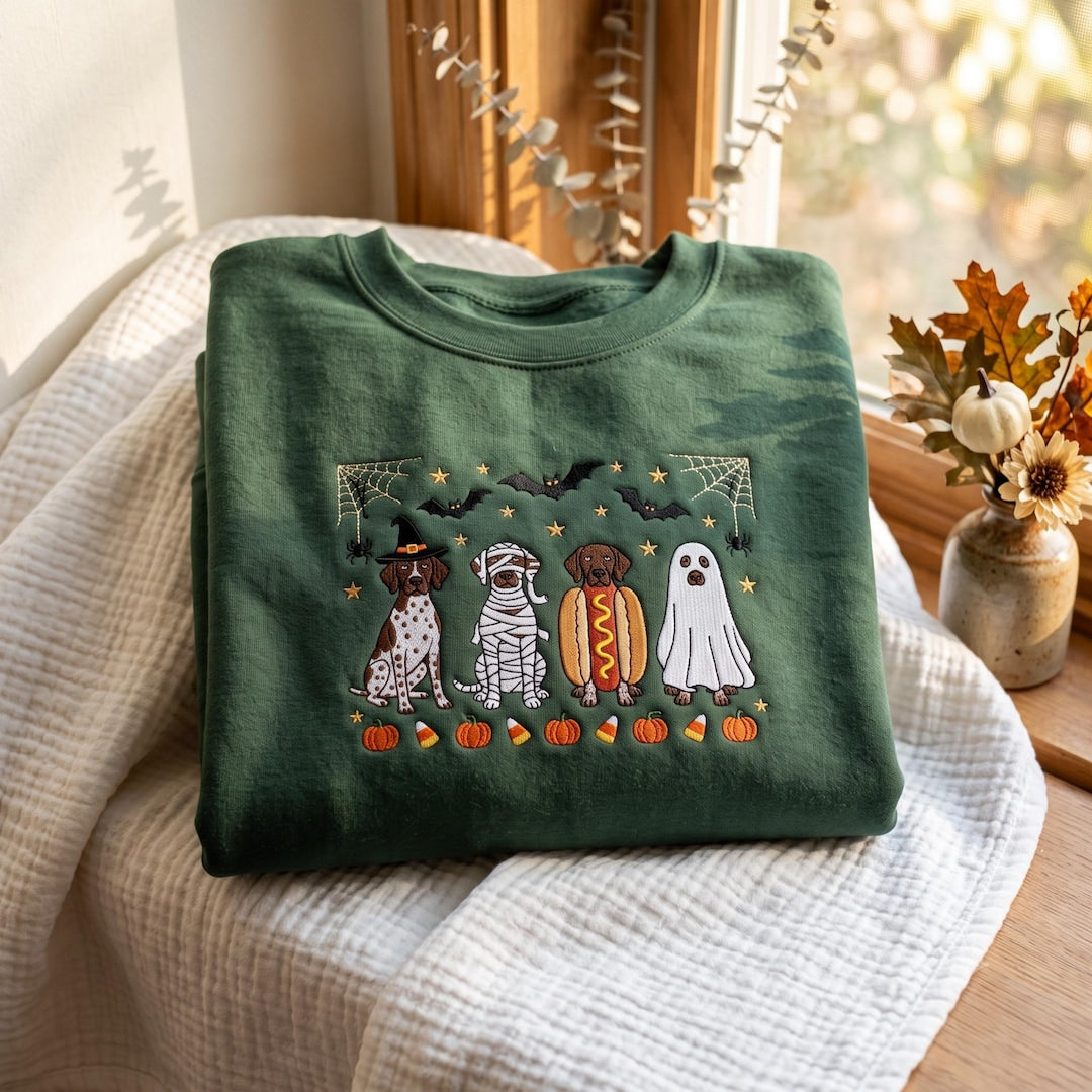 Halloween German Shorthaired Pointer Four Dogs Witch Mummy Hot Dog Ghost Costume Pumpkin Bats embroidered sweatshirt — front view