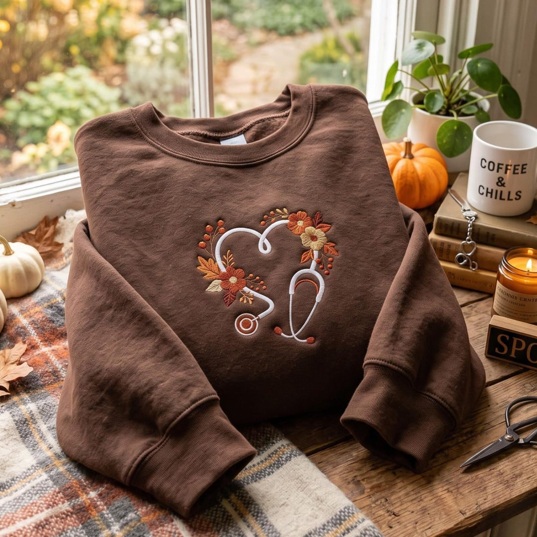 Fall Autumn Floral Heart Stethoscope Nurse embroidered sweatshirt — front view