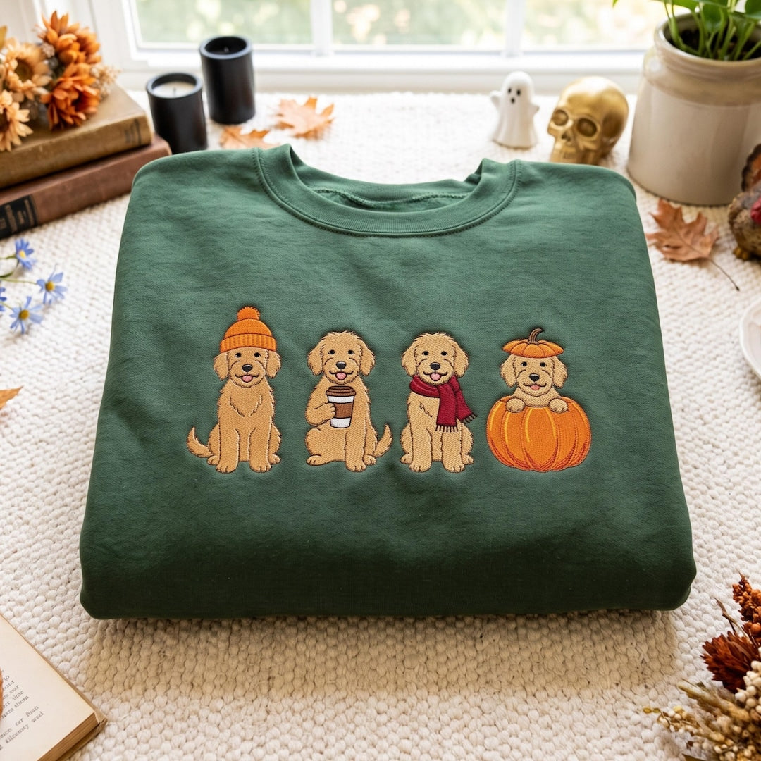 Fall Goldendoodle Autumn Pumpkin Latte Scarf Beanie Four Dogs embroidered sweatshirt — front view