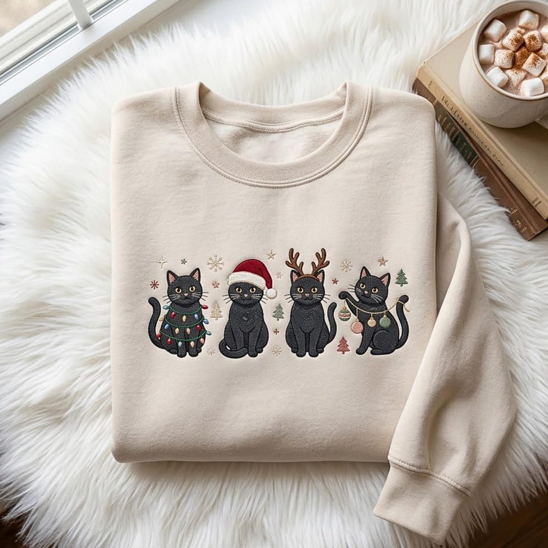 Christmas Black Cats Santa Hat Reindeer Antlers Fairy Lights Ornaments embroidered sweatshirt — front view