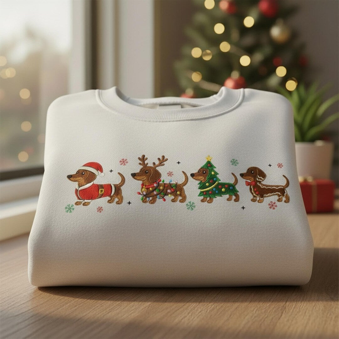 Christmas Dachshund Santa Reindeer Tree Holiday Four Dogs embroidered sweatshirt — front view
