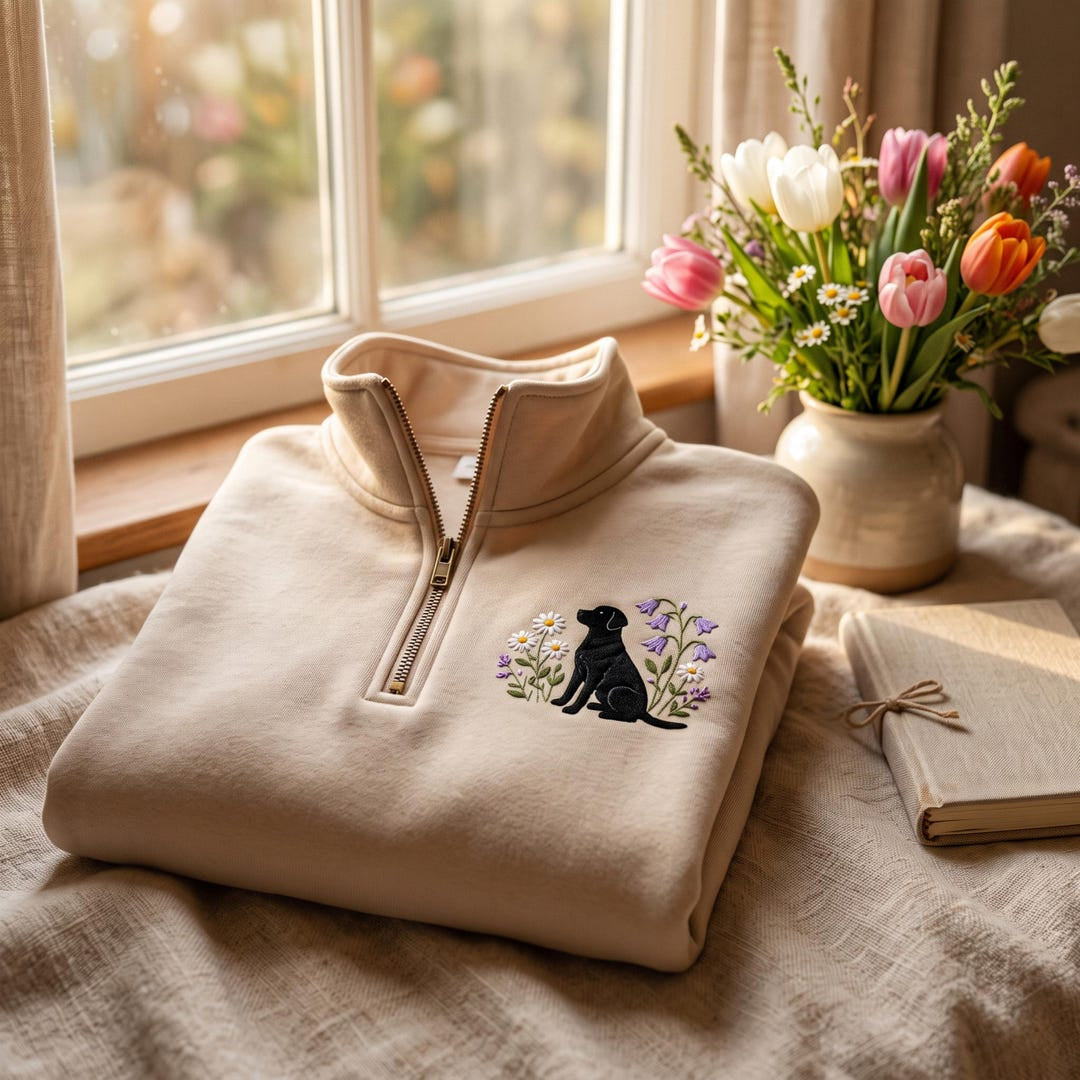 Black Lab Wildflowers Daisy Bluebell Botanical Dog embroidered sweatshirt — front view