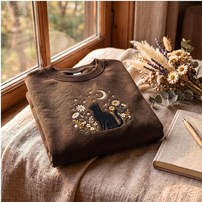 Black Cat Moon Stars Wildflowers Floral Night Sky Embroidered Sweatshirt
